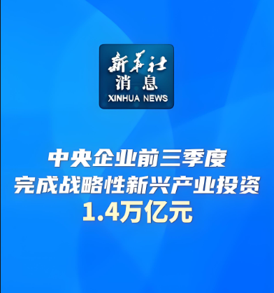 今年前三季度，中央企業(yè)在戰(zhàn)略性新興產(chǎn)業(yè)領(lǐng)域累計完成投資1.4萬億元，同比增長17.6%